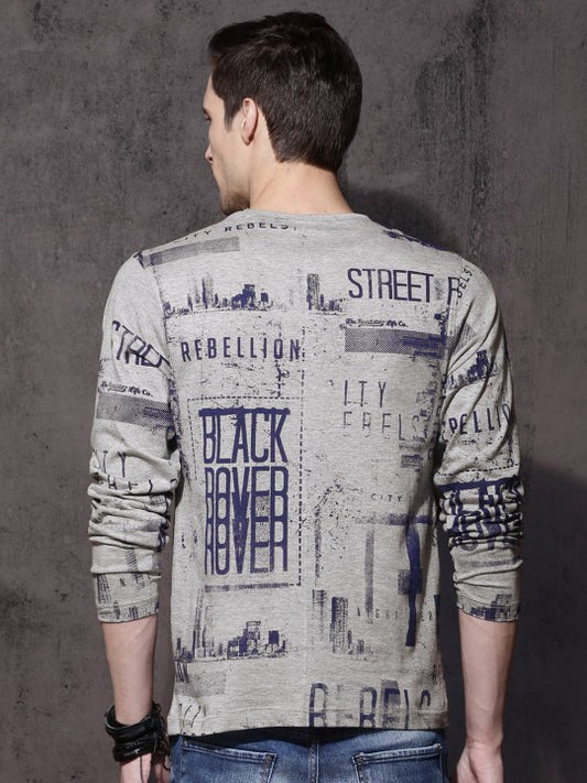 Roadster Men Grey Melange All-Over-Printed T-shirt
