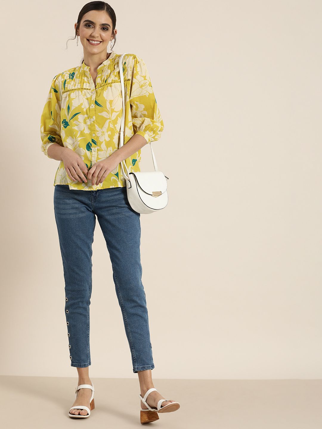 all about you Yellow & Off White Floral Print Mandarin Collar Puff Sleeve Cotton Top