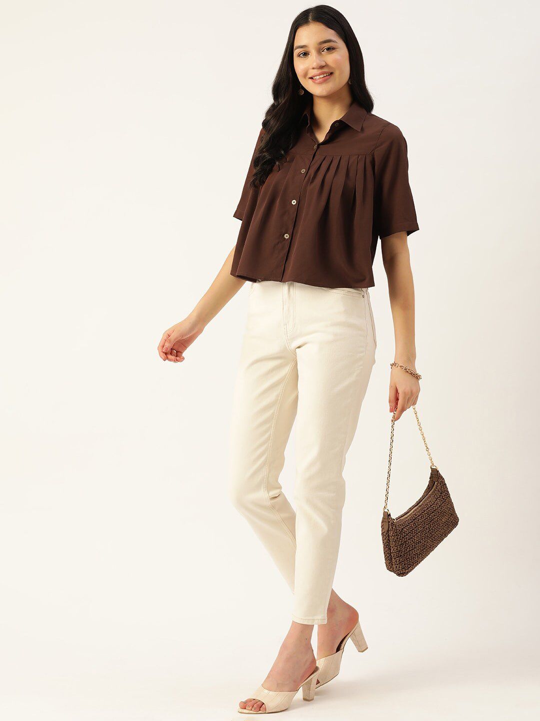 Slenor Shirt Collar Short Sleeves Crop Shirt Style Top