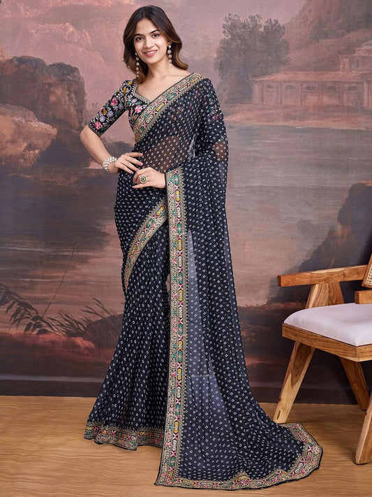 House of Pataudi Bandhani Design Embroidered Saree With Blouse Piece