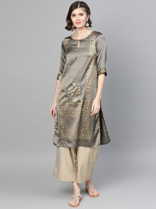W Women Charcoal Grey & Golden Satin Finish Floral Print Straight Kurta
