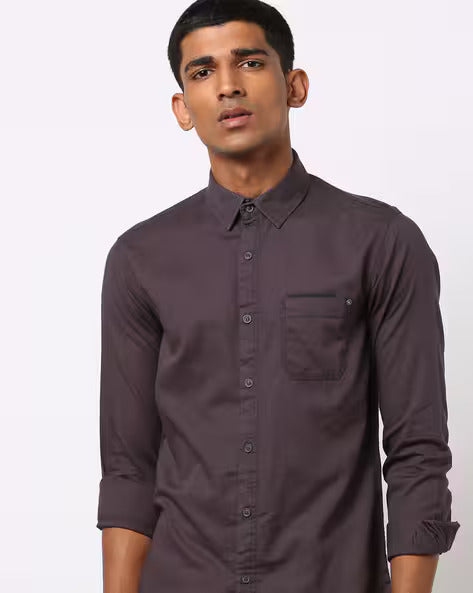 Textured Spread-Collar Shirt with Patch Pocket