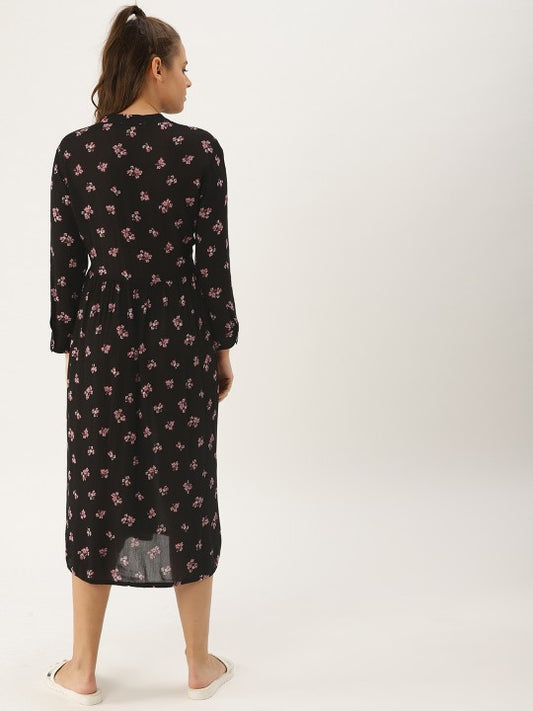 DressBerry Women Black Printed Fit and Flare Dress