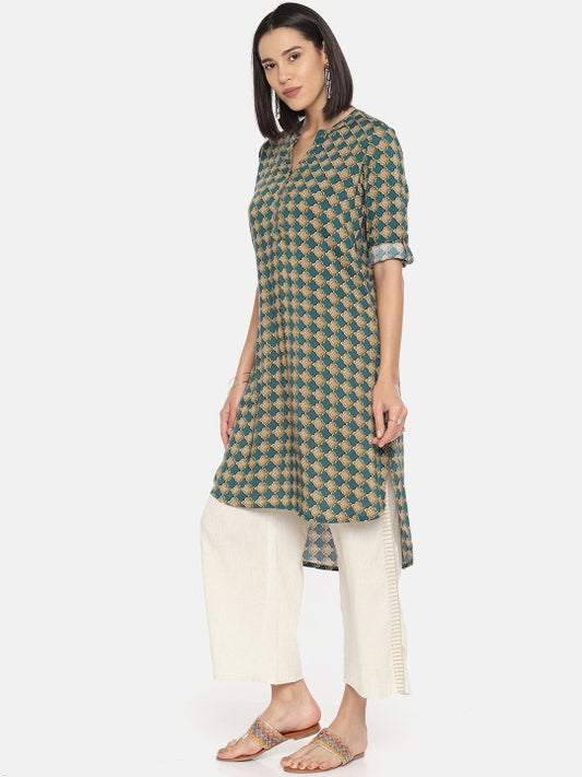 Global Desi Women Teal Green & Red Printed High-Low Tunic