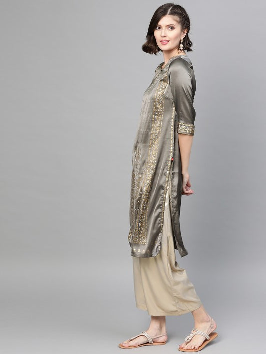 W Women Charcoal Grey & Golden Satin Finish Floral Print Straight Kurta