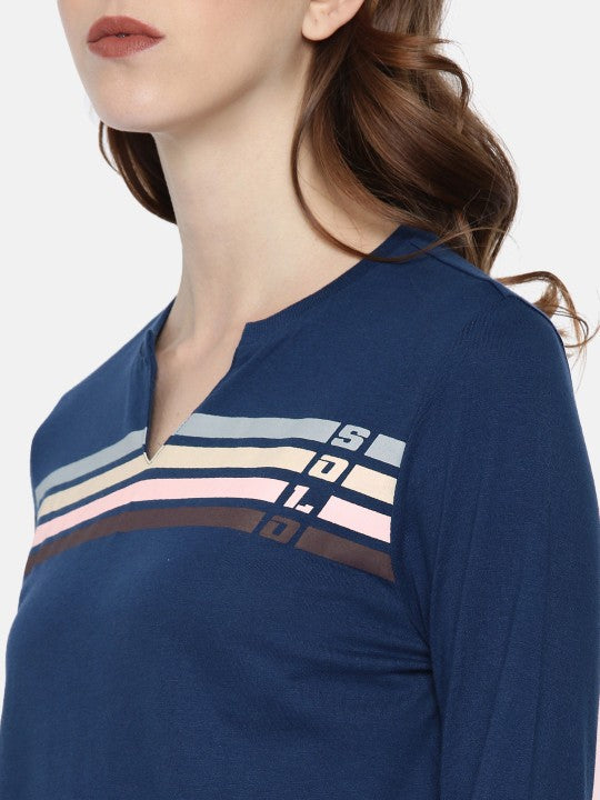 Roadster Women Navy Blue Striped Mandarin Collar T-shirt