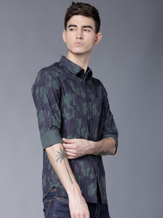 HIGHLANDER Men Navy Blue & Olive Green Slim Fit Printed Casual Shirt
