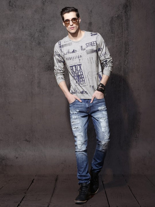 Roadster Men Grey Melange All-Over-Printed T-shirt