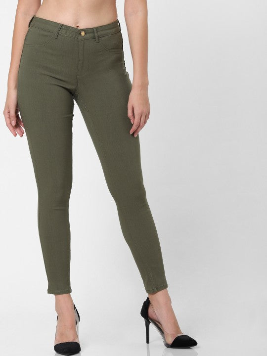 ONLY Women Olive Green Skinny Fit Solid Chinos