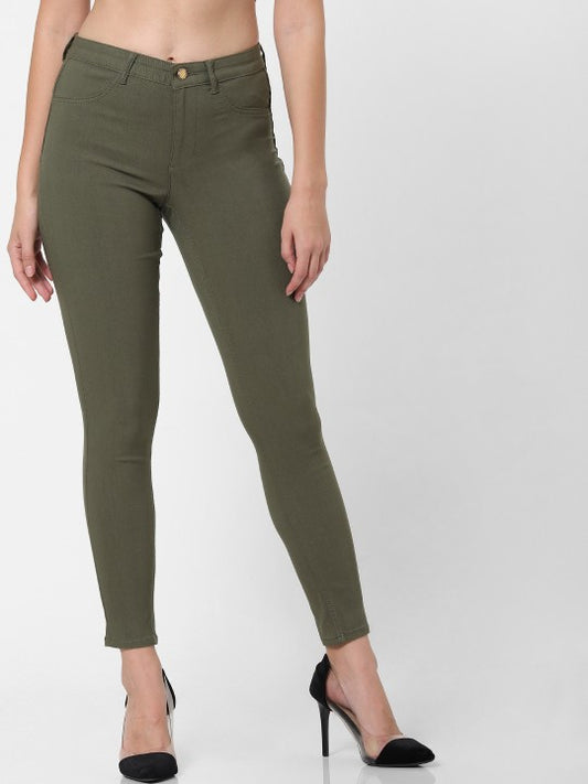 ONLY Women Olive Green Skinny Fit Solid Chinos
