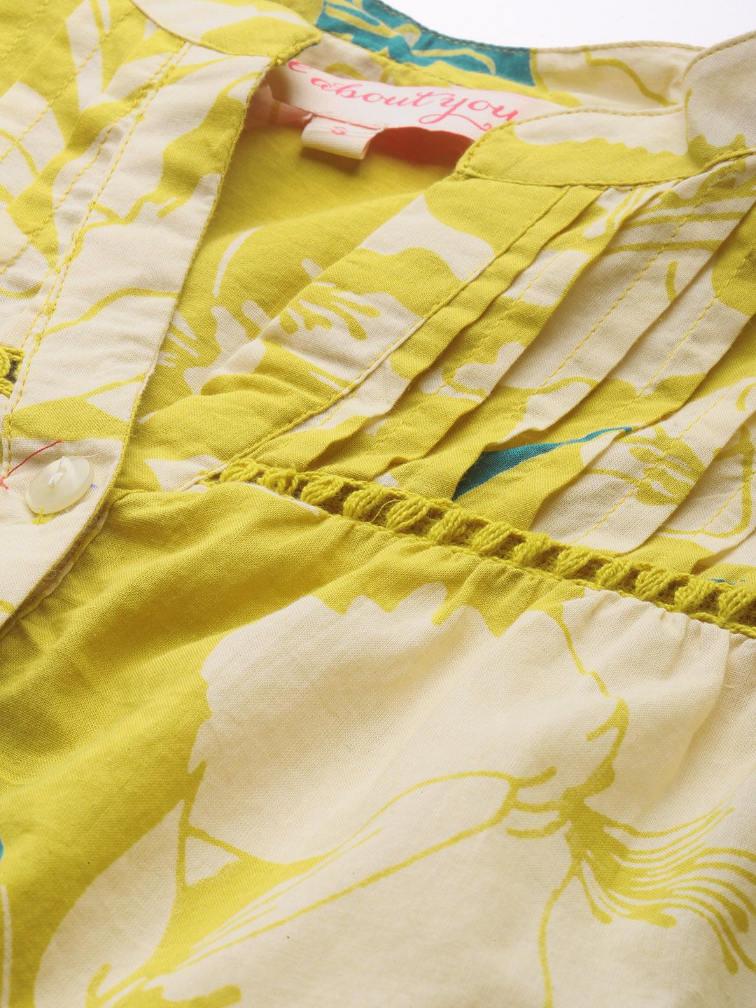 all about you Yellow & Off White Floral Print Mandarin Collar Puff Sleeve Cotton Top