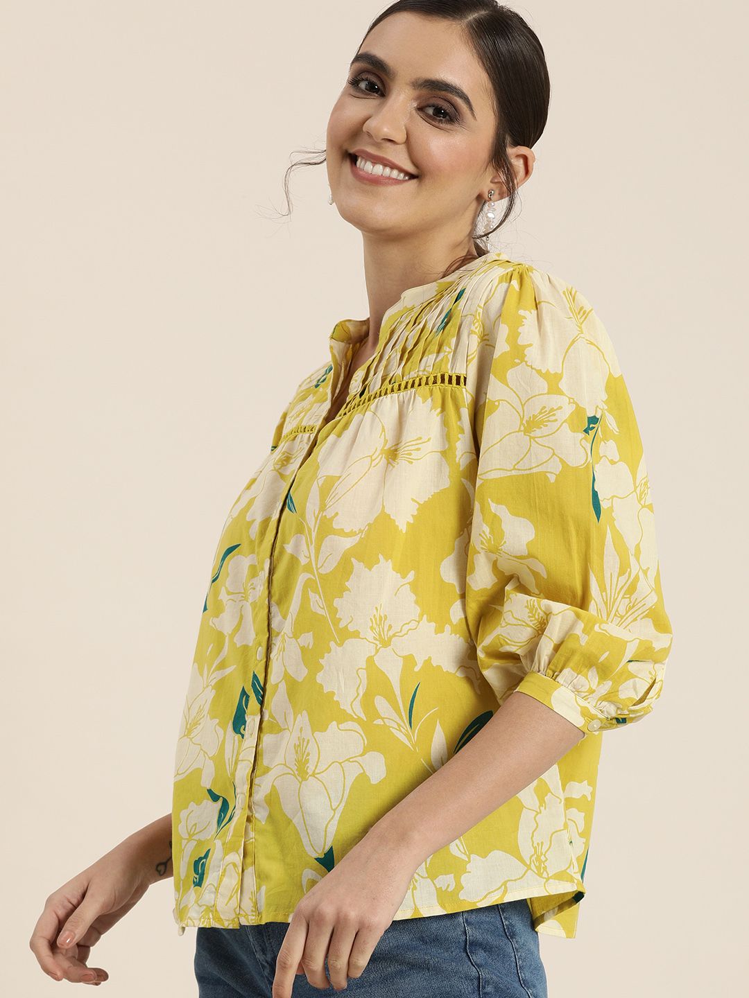 all about you Yellow & Off White Floral Print Mandarin Collar Puff Sleeve Cotton Top