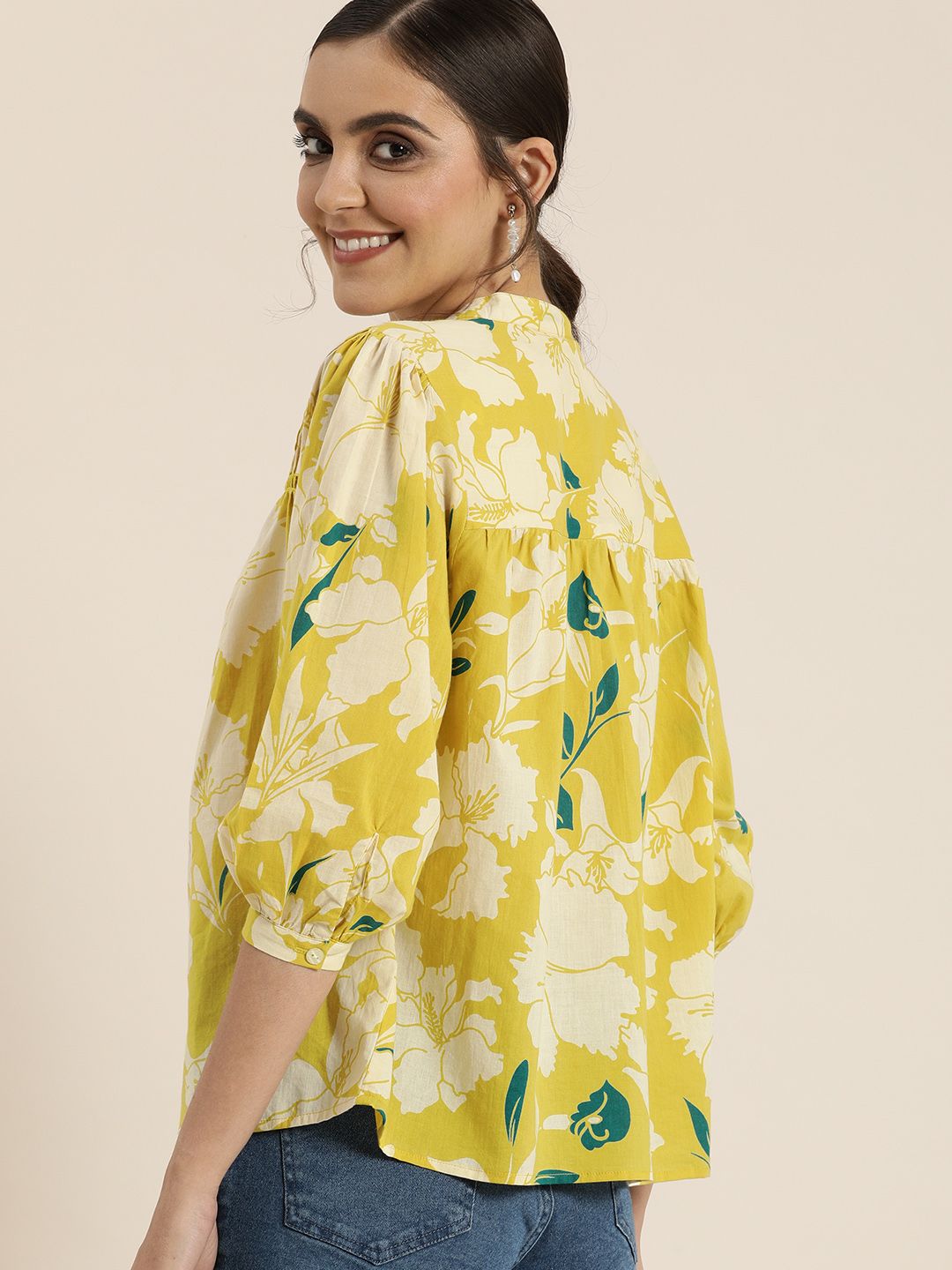 all about you Yellow & Off White Floral Print Mandarin Collar Puff Sleeve Cotton Top
