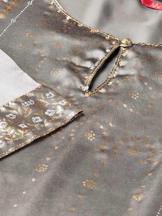 W Women Charcoal Grey & Golden Satin Finish Floral Print Straight Kurta