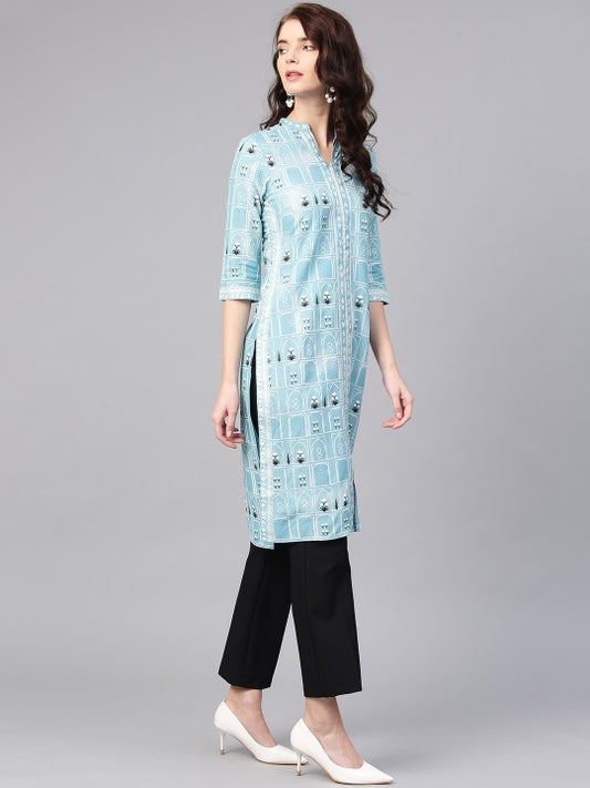 W Women Blue & White Printed Straight Kurta