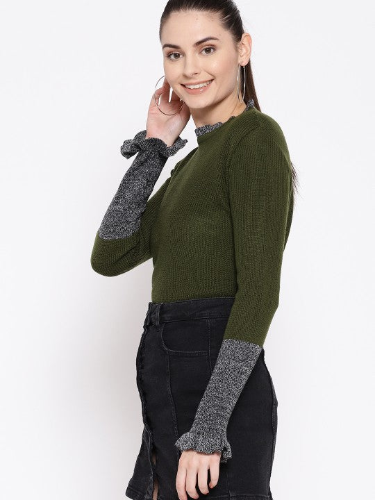 DressBerry Women Olive Green Ribbed Sweater