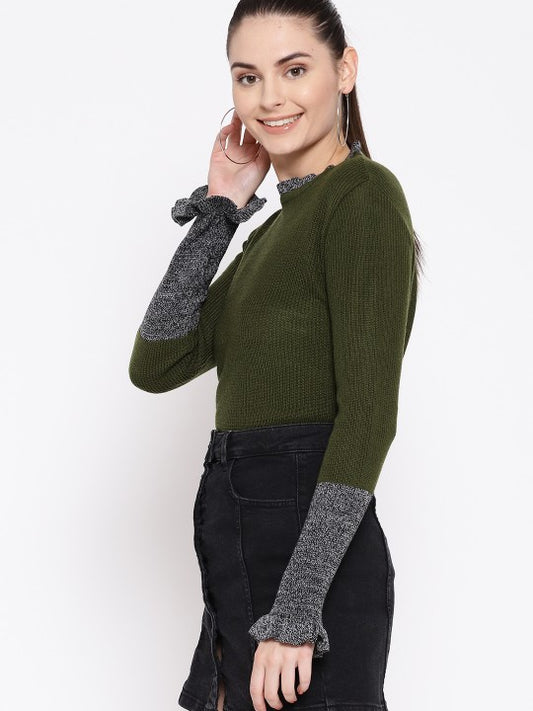 DressBerry Women Olive Green Ribbed Sweater