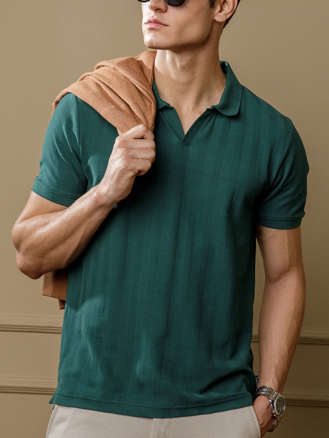 DAMENSCH Statement Johnny Collar Herringbone Texture Polo T-Shirts