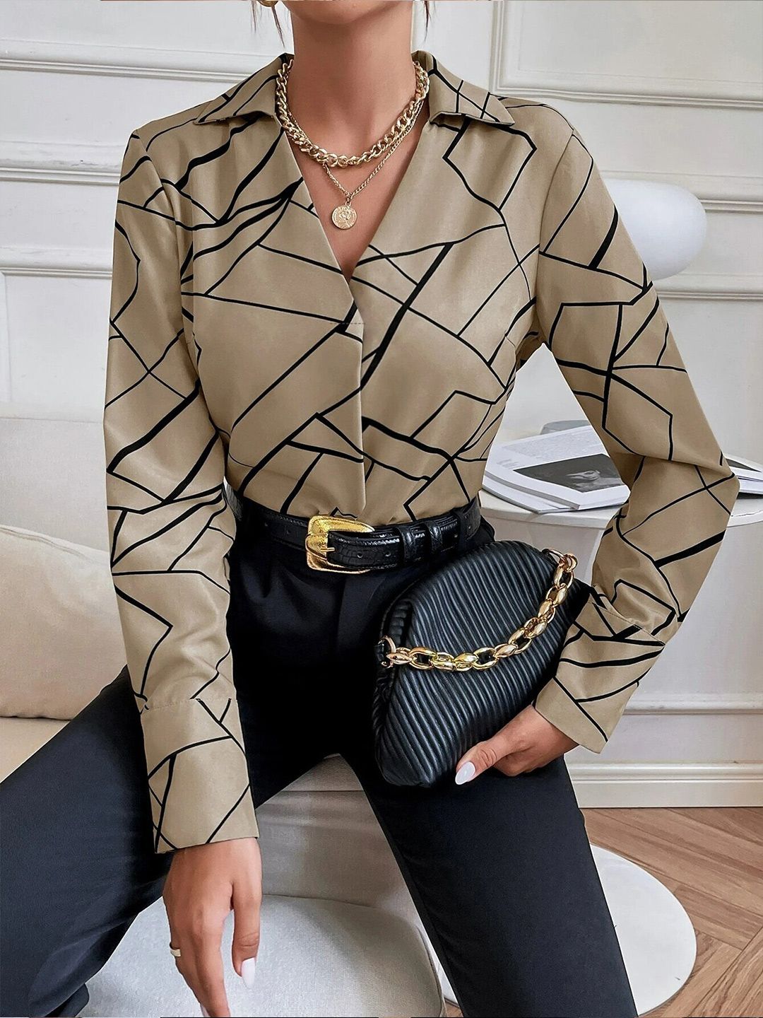 Stylecast X Slyck Geometric Printed Shirt Style Top