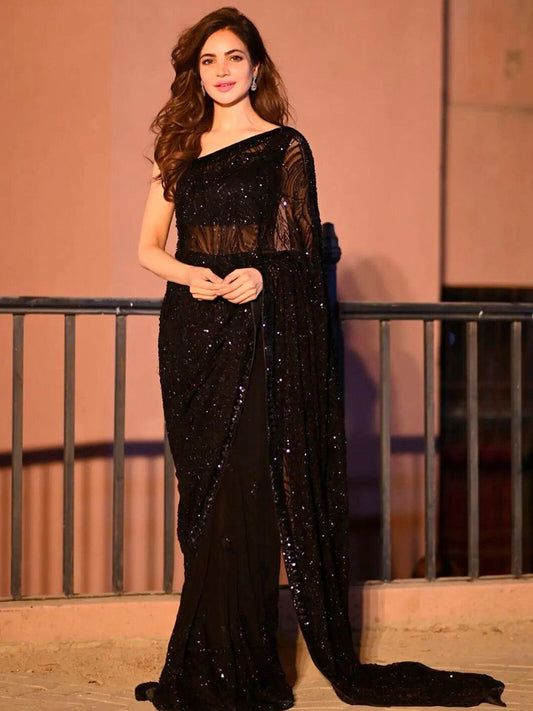 Sangria Black Sequinned Embellished Fusion Saree