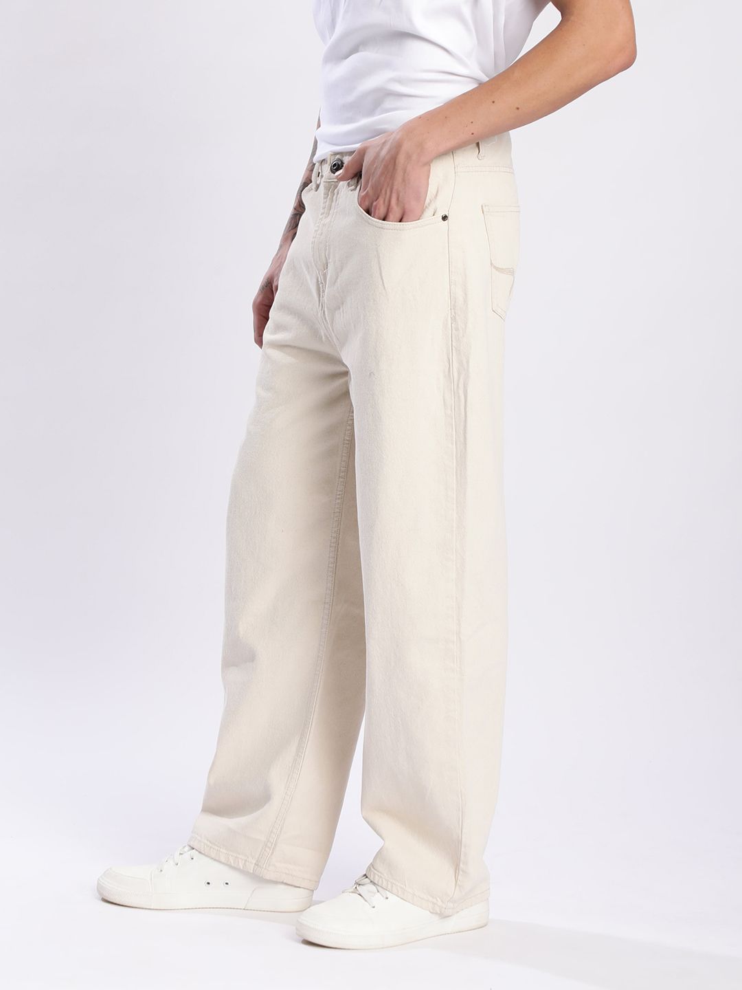 Roadster The Lifestyle Co. Men Beige Pure Cotton Rigid Baggy Fit Denim Jeans