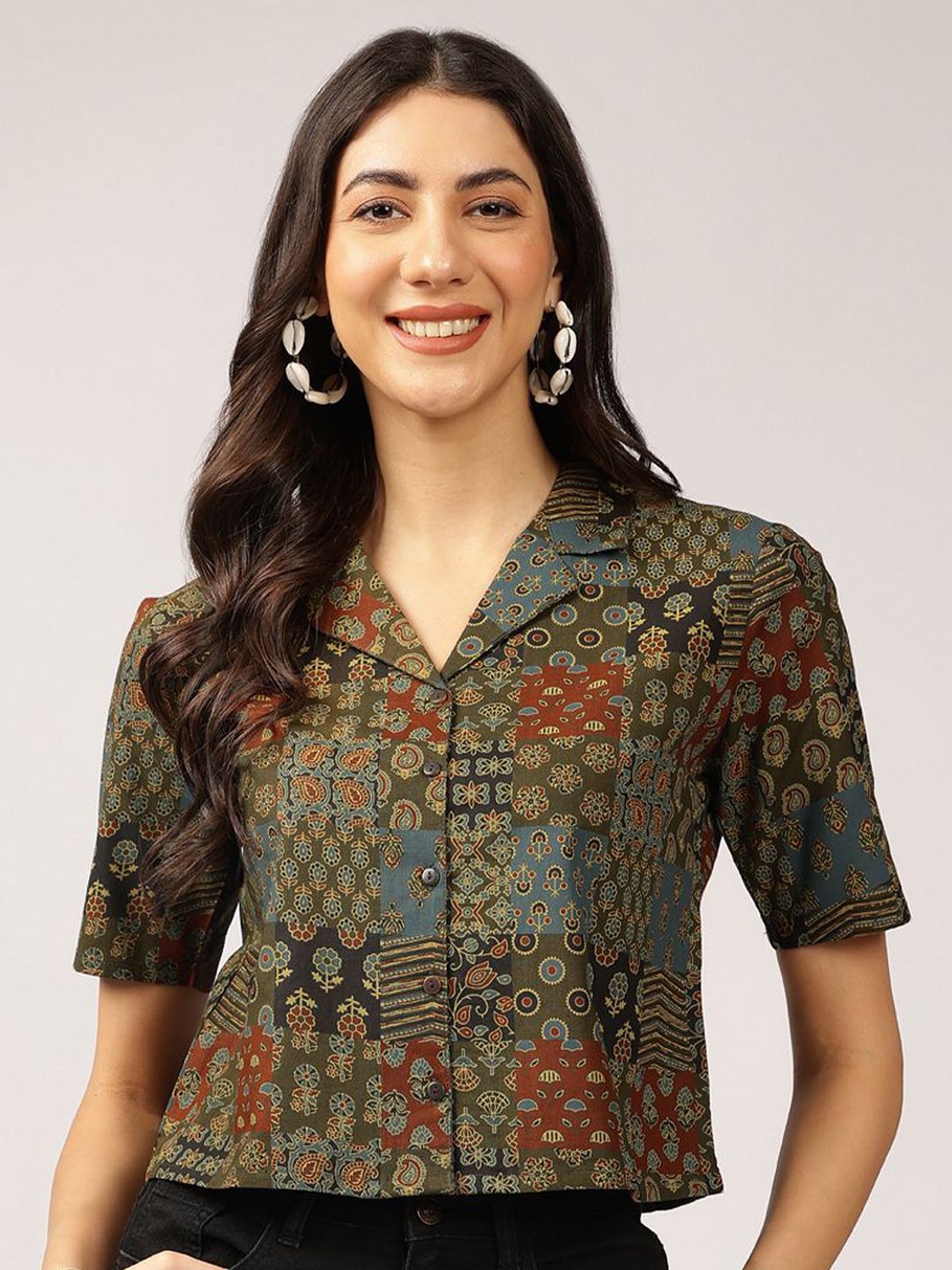 Anouk Ethnic Printed Cuban Collar Pure Cotton Shirt Style Top