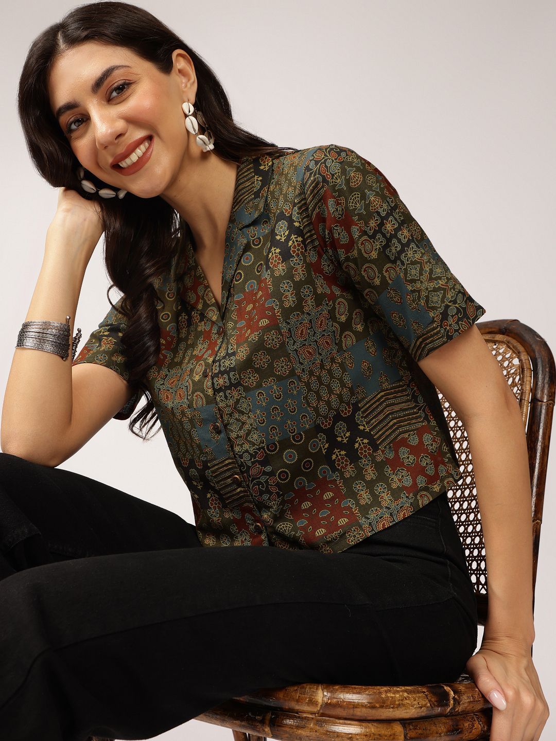 Anouk Ethnic Printed Cuban Collar Pure Cotton Shirt Style Top
