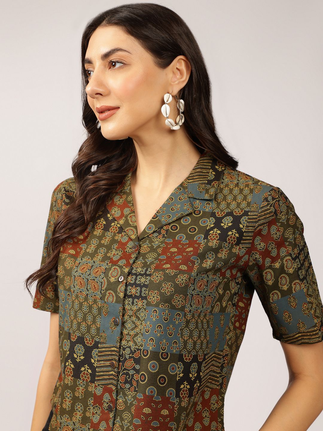 Anouk Ethnic Printed Cuban Collar Pure Cotton Shirt Style Top