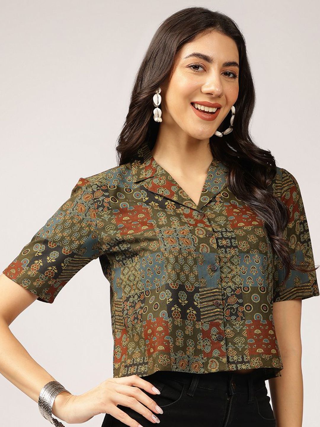 Anouk Ethnic Printed Cuban Collar Pure Cotton Shirt Style Top