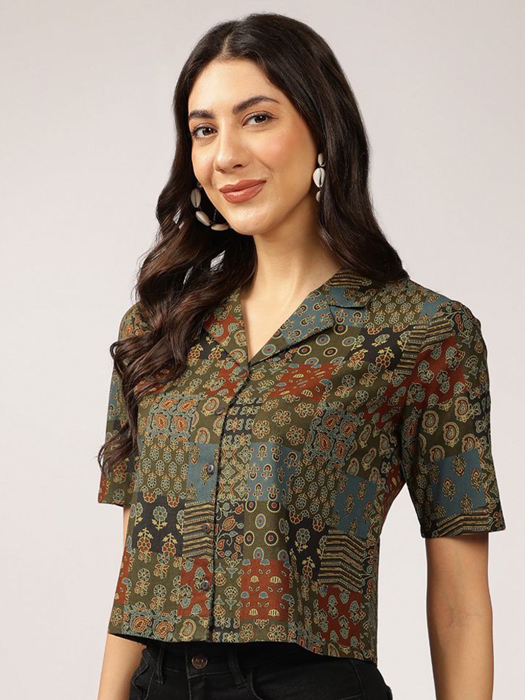 Anouk Ethnic Printed Cuban Collar Pure Cotton Shirt Style Top
