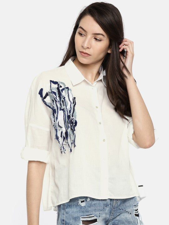 Vero Moda Women White Regular Fit Self Design Casual Shirt