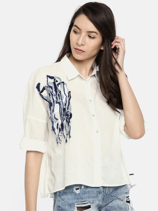 Vero Moda Women White Regular Fit Self Design Casual Shirt