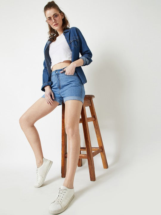 Miss Chase Women Blue Solid Regular Fit Denim Shorts