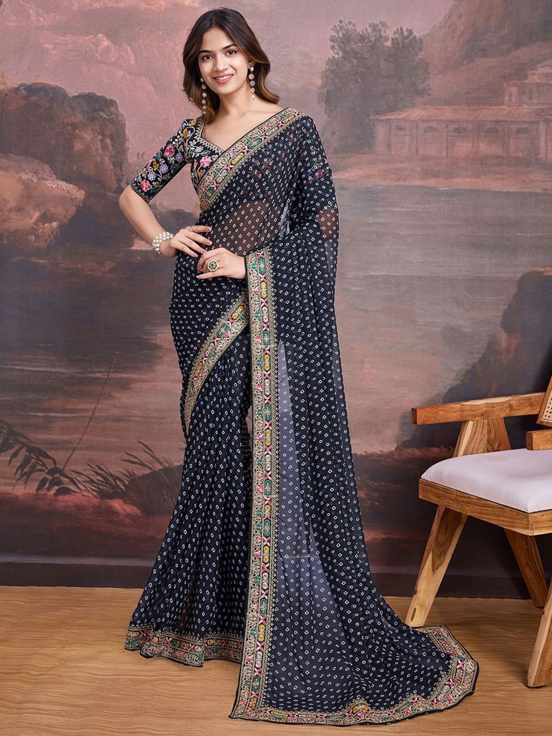 House of Pataudi Bandhani Design Embroidered Saree With Blouse Piece