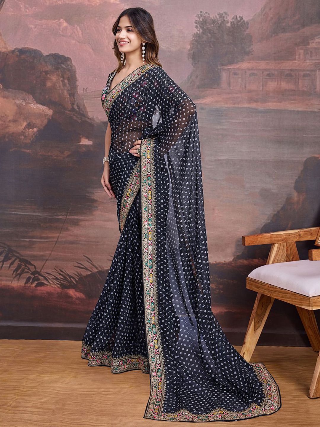 House of Pataudi Bandhani Design Embroidered Saree With Blouse Piece