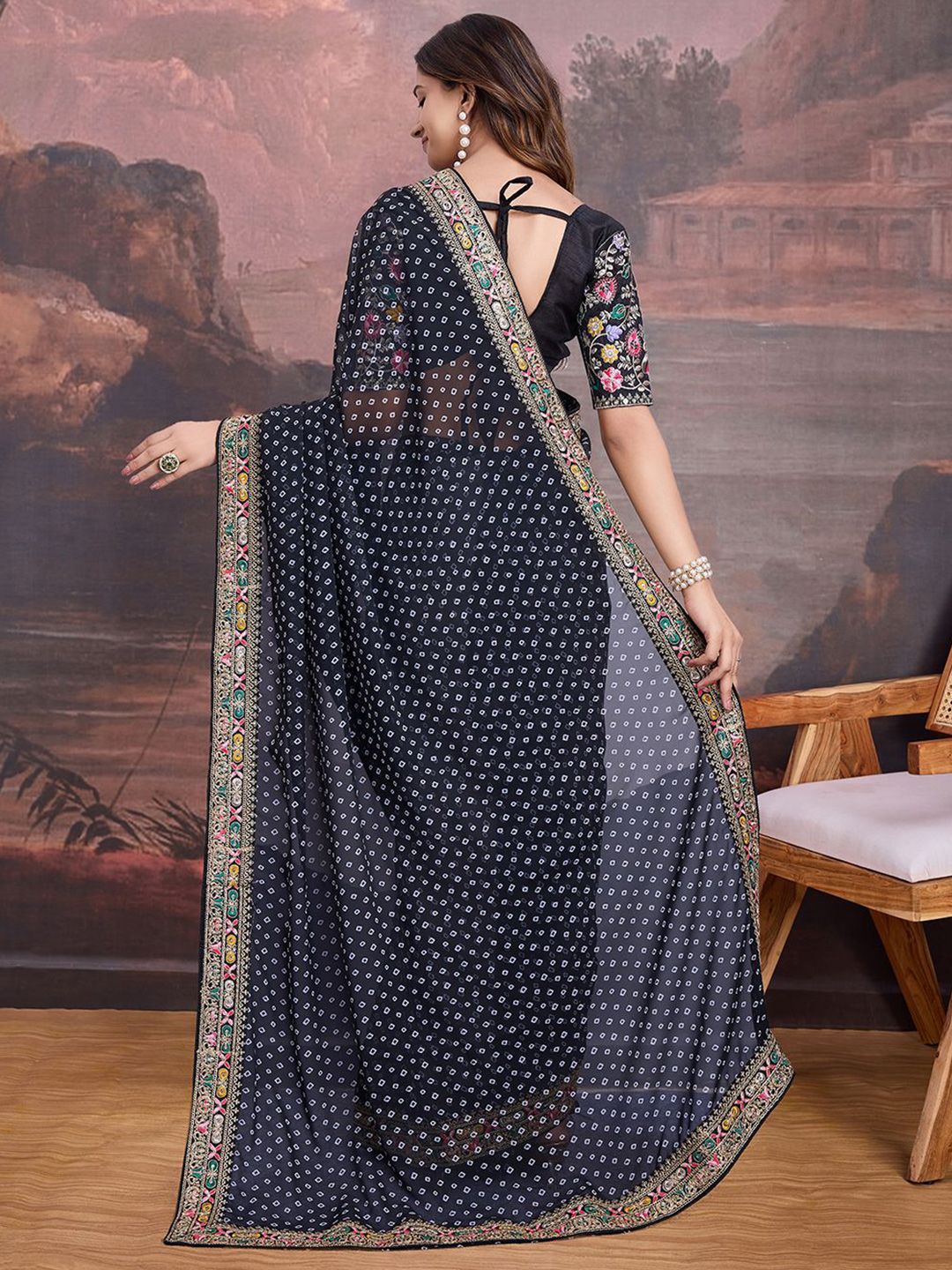 House of Pataudi Bandhani Design Embroidered Saree With Blouse Piece