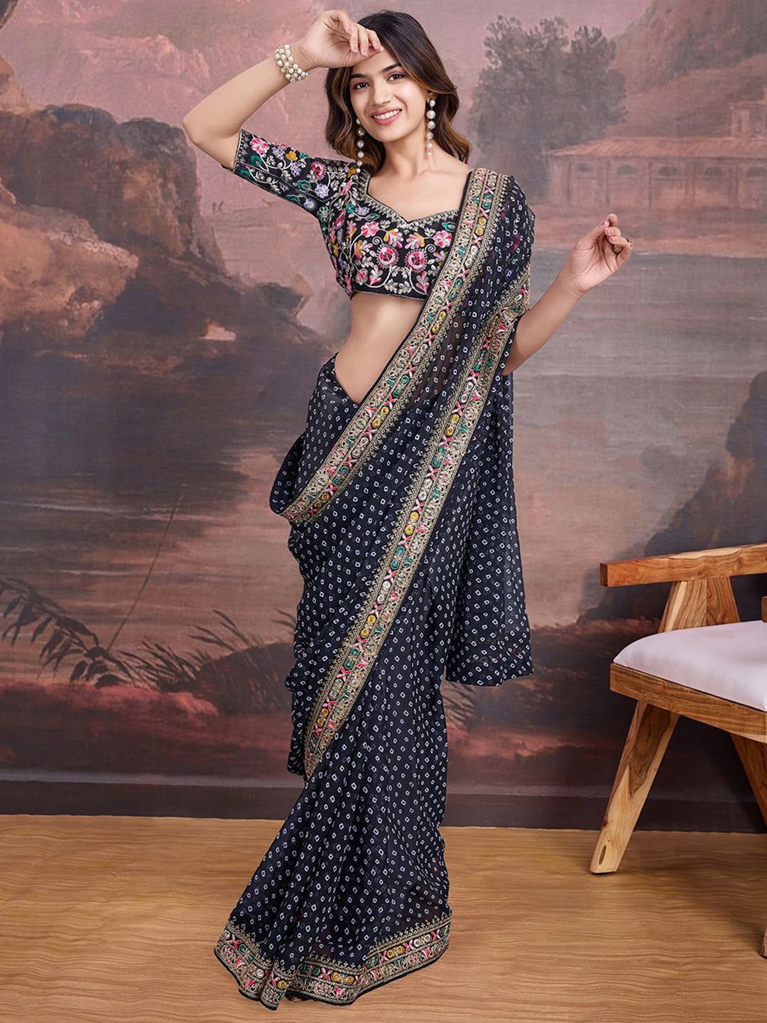 House of Pataudi Bandhani Design Embroidered Saree With Blouse Piece