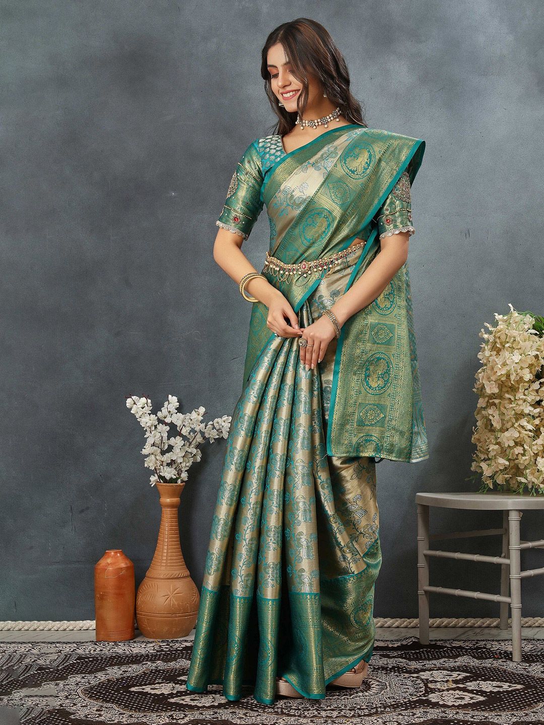 Tankori Floral Woven Design Pure Silk Dharmavaram Saree