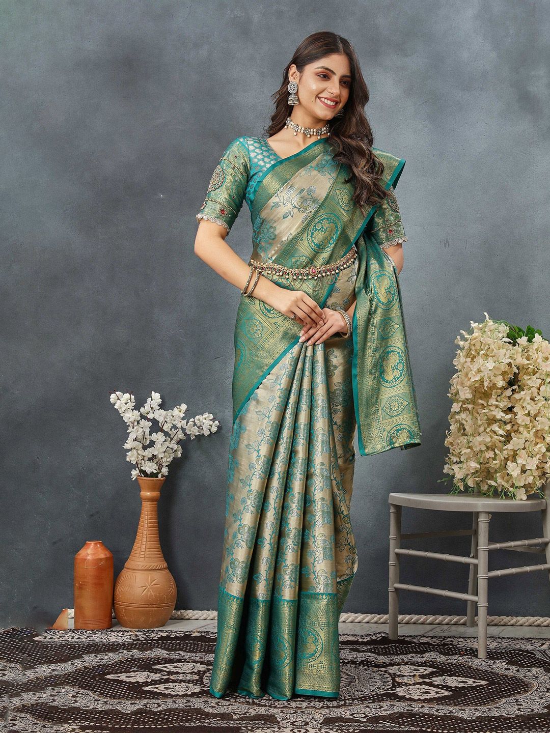 Tankori Floral Woven Design Pure Silk Dharmavaram Saree