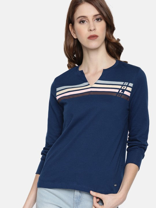 Roadster Women Navy Blue Striped Mandarin Collar T-shirt