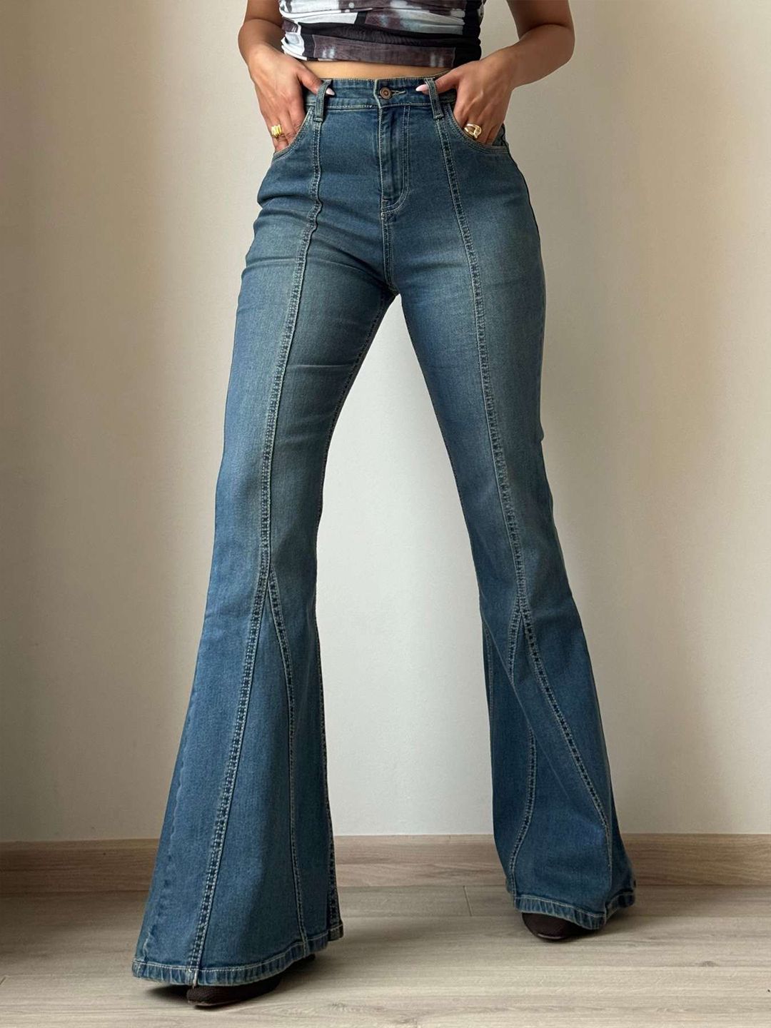 Off Duty India Women Flared High-Rise Low Distress Light Fade Jeans