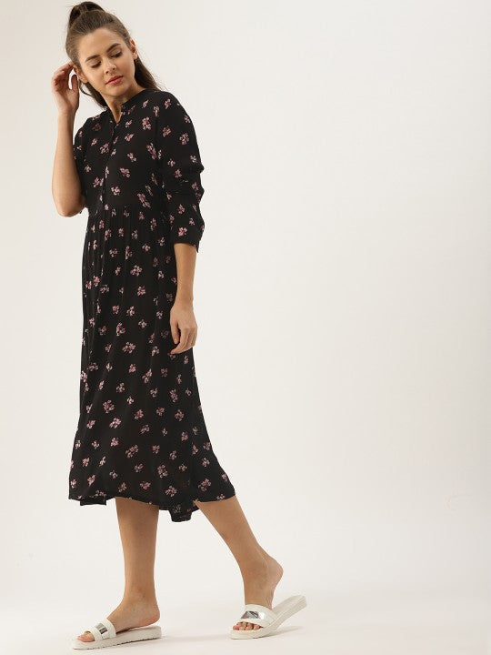 DressBerry Women Black Printed Fit and Flare Dress