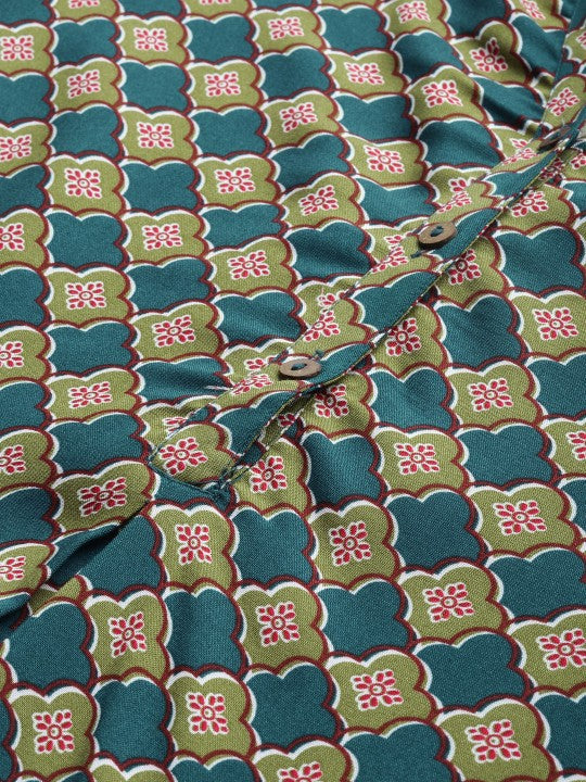 Global Desi Women Teal Green & Red Printed High-Low Tunic