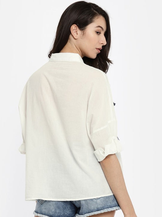 Vero Moda Women White Regular Fit Self Design Casual Shirt