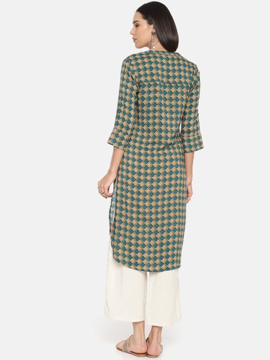 Global Desi Women Teal Green & Red Printed High-Low Tunic