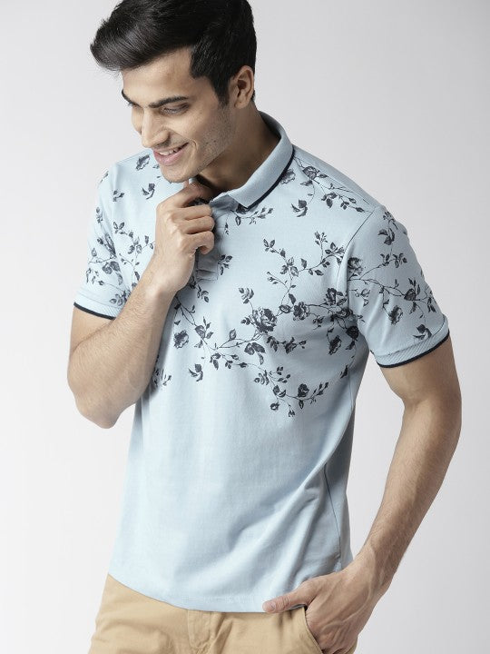 Mast & Harbour Men Blue Printed Polo Collar T-shirt