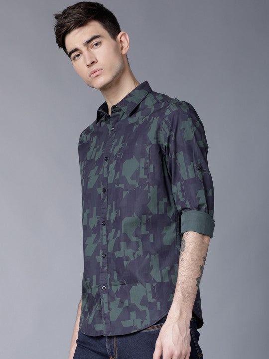 HIGHLANDER Men Navy Blue & Olive Green Slim Fit Printed Casual Shirt