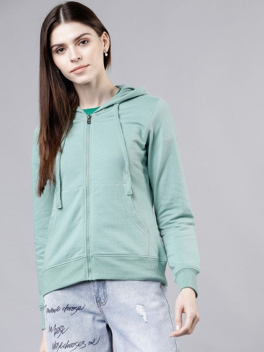 Tokyo Talkies Women Green Solid Hooded Sweatshirt