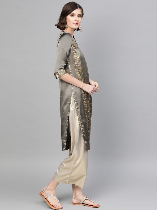 W Women Charcoal Grey & Golden Satin Finish Floral Print Straight Kurta