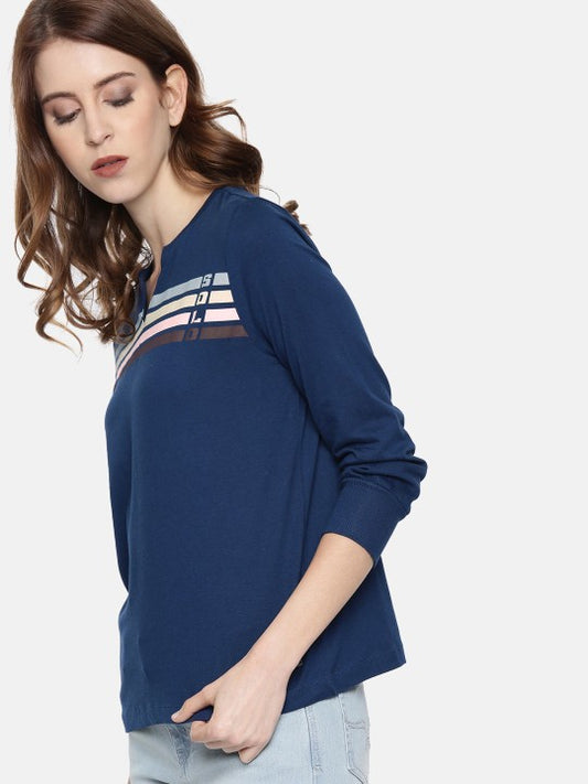 Roadster Women Navy Blue Striped Mandarin Collar T-shirt